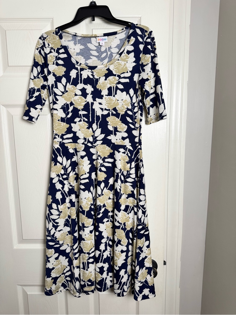 LuLaRoe Navy Floral Midi Dress with Cream and Tan Roses